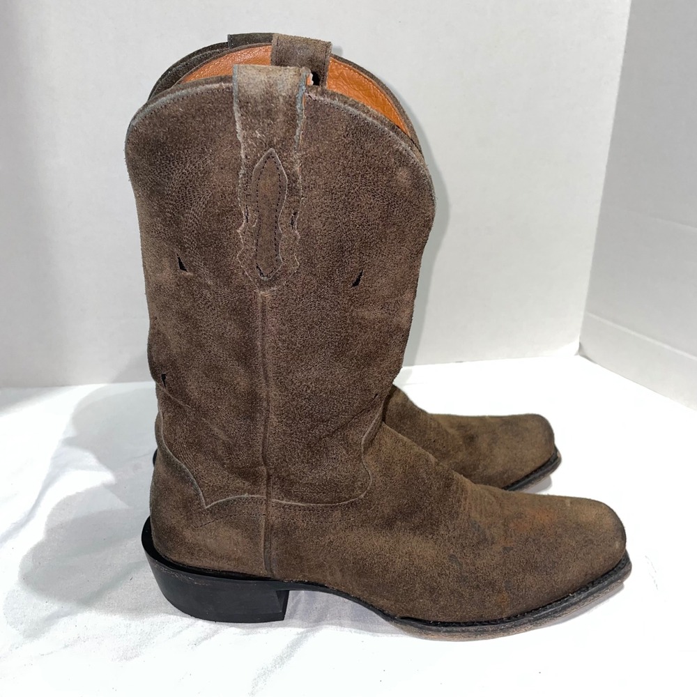 Moon Shine Brown Suede Western Cowboy Boots Square Toe Block Heel Pull On Boots - Picture 4 of 13